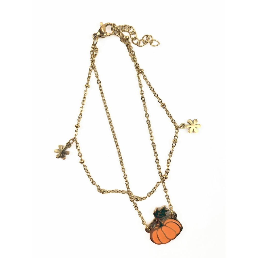 Pumpkin Double Chain Gold Plated Stainless Steel Bracelet Size 7" & 1" Extender